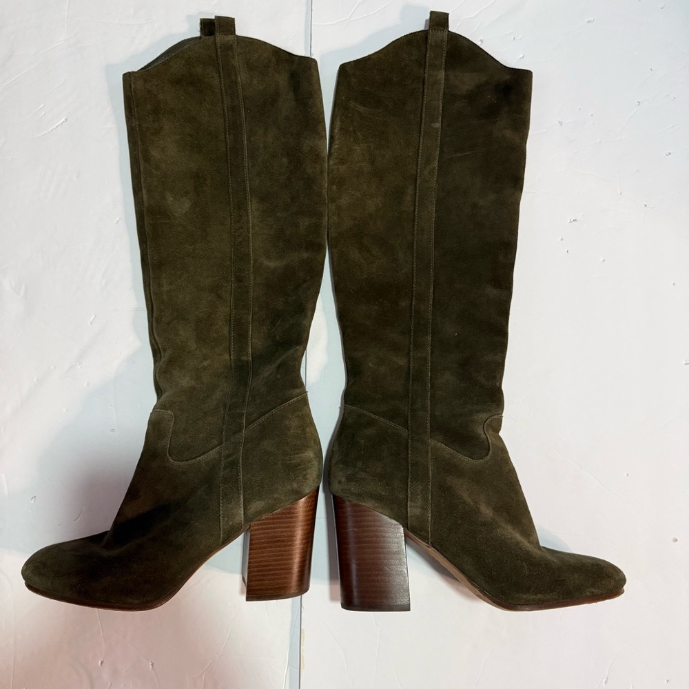 Via Spiga Women's Knee High Boots Suede Size 10 dark green Side Zip Boho Western - Picture 3 of 10